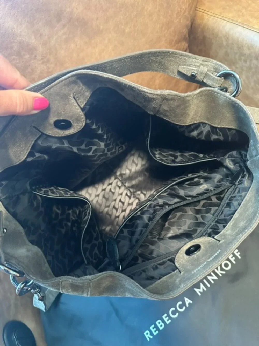 Rebecca Minkoff M.A.B. Hobo Suede Shoulder Bag in Porcini Gunmetal Hardware EUC
